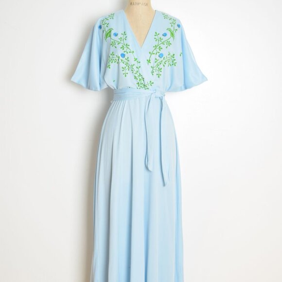 vintage 70s kimono dress blur floral print hippie boho long maxi belted L - Picture 2 of 8